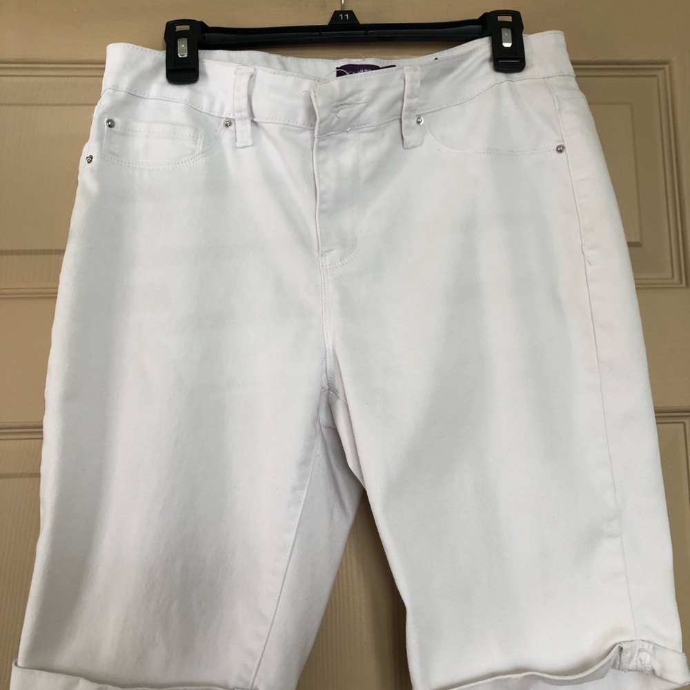 Royalty For Me White Cropped Stretch Denim Bermuda Shorts
